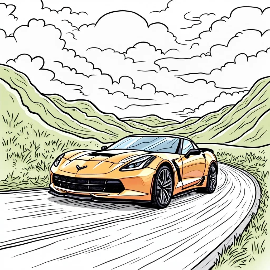 Coloring Page (colored): Racing through the Rainbow - A sleek sports car zooming down a curvy road surrounded by vibrant rainbow-colored trees, with the sun setting in the background.