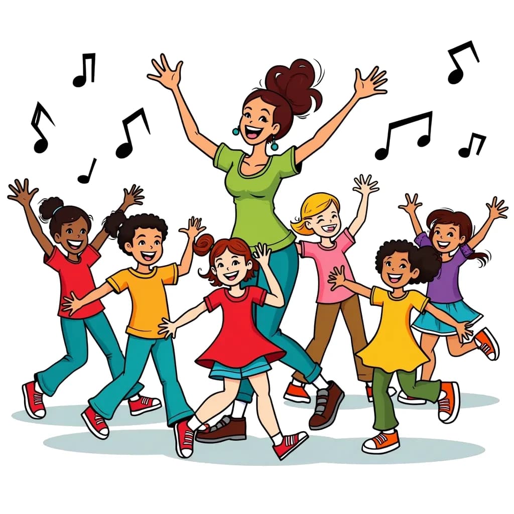 Coloring Page (colored): Choreographer's Dance Class - A lively choreographer leads a group of dancing children in a bright studio, with music notes floating around. Everyone is in fun dance poses with smiles on their faces.