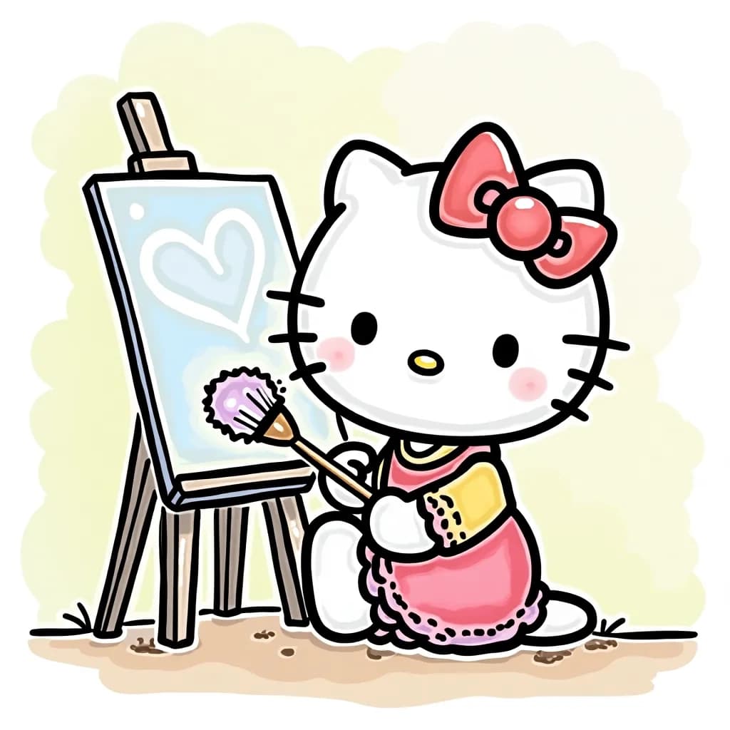 Coloring Page (colored): Hello Kitty Painting Art - Hello Kitty sitting at an easel, painting a bright and whimsical landscape, surrounded by splashes of color and art supplies.