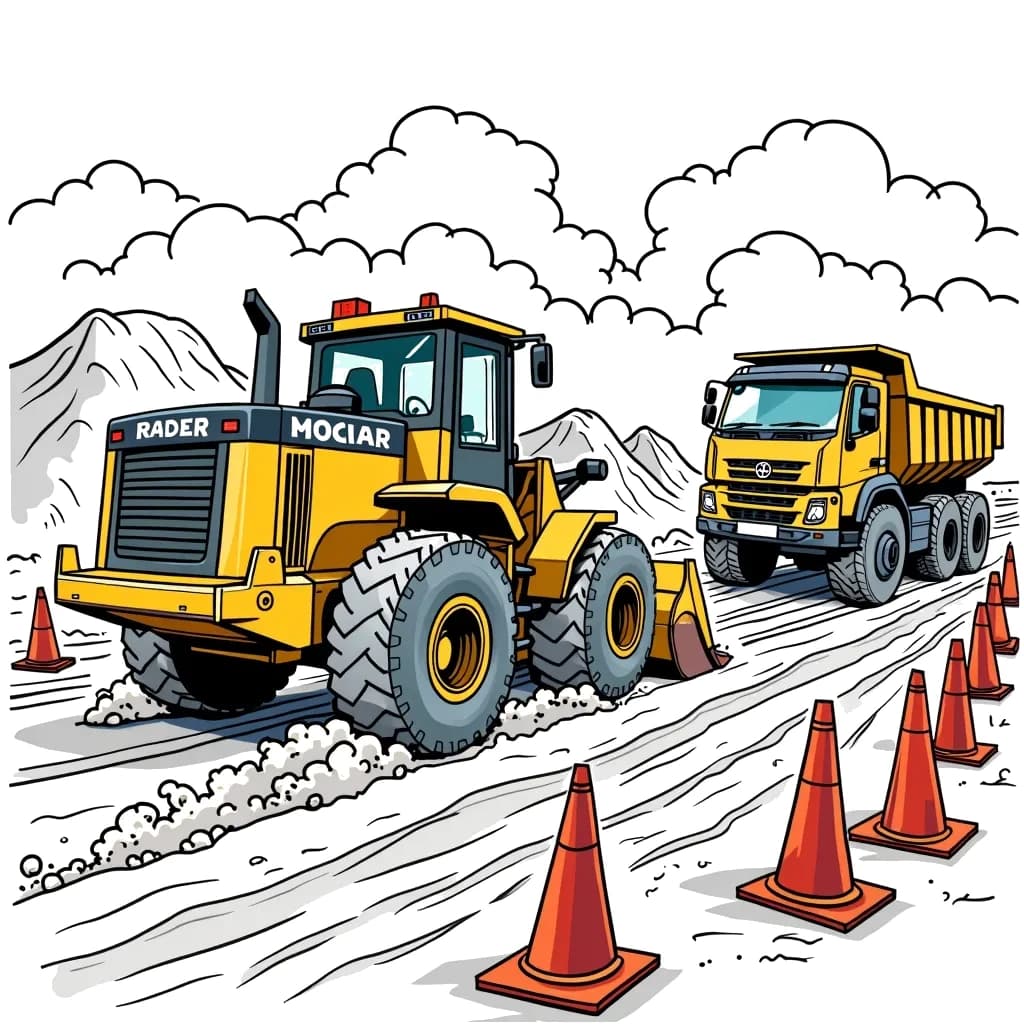 Coloring Page (colored): Bulldozer Race - A bulldozer is racing against a dump truck on a construction site. Dust is flying everywhere as they both speed towards a finish line made of cones.