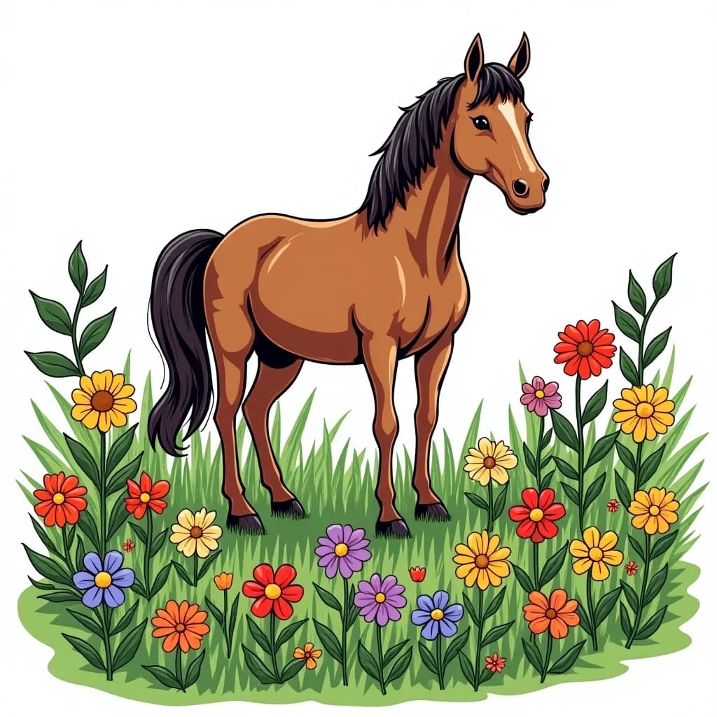 Coloring Page (colored): Horse in a Flower Meadow - A serene scene of a gentle brown horse standing amidst a field of colorful, giant flowers in various shapes—sunflowers, daisies, and tulips—while butterflies flutter around.