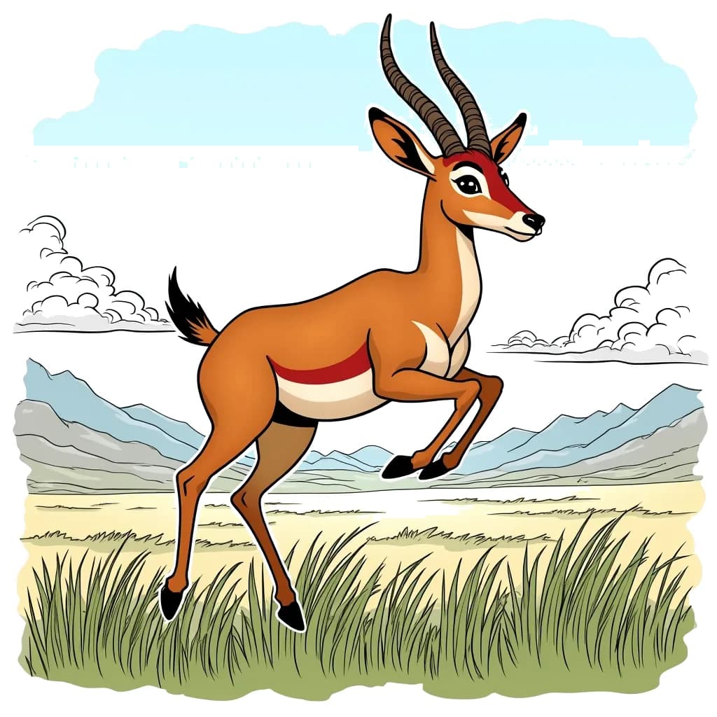 Coloring Page (colored): Gazelle in the Grasslands - A gazelle gracefully leaping over tall grass in an open savanna, with distant mountains visible under a blue sky.