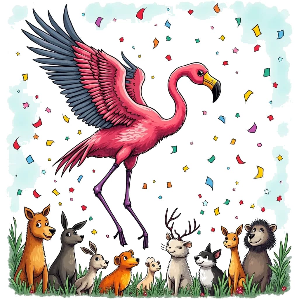 Coloring Page (colored): The Flying Flamingo - A flamboyant flamingo takes flight, soaring through a bright blue sky and leaving trails of colorful confetti. Below, animals of all kinds gaze up in awe.