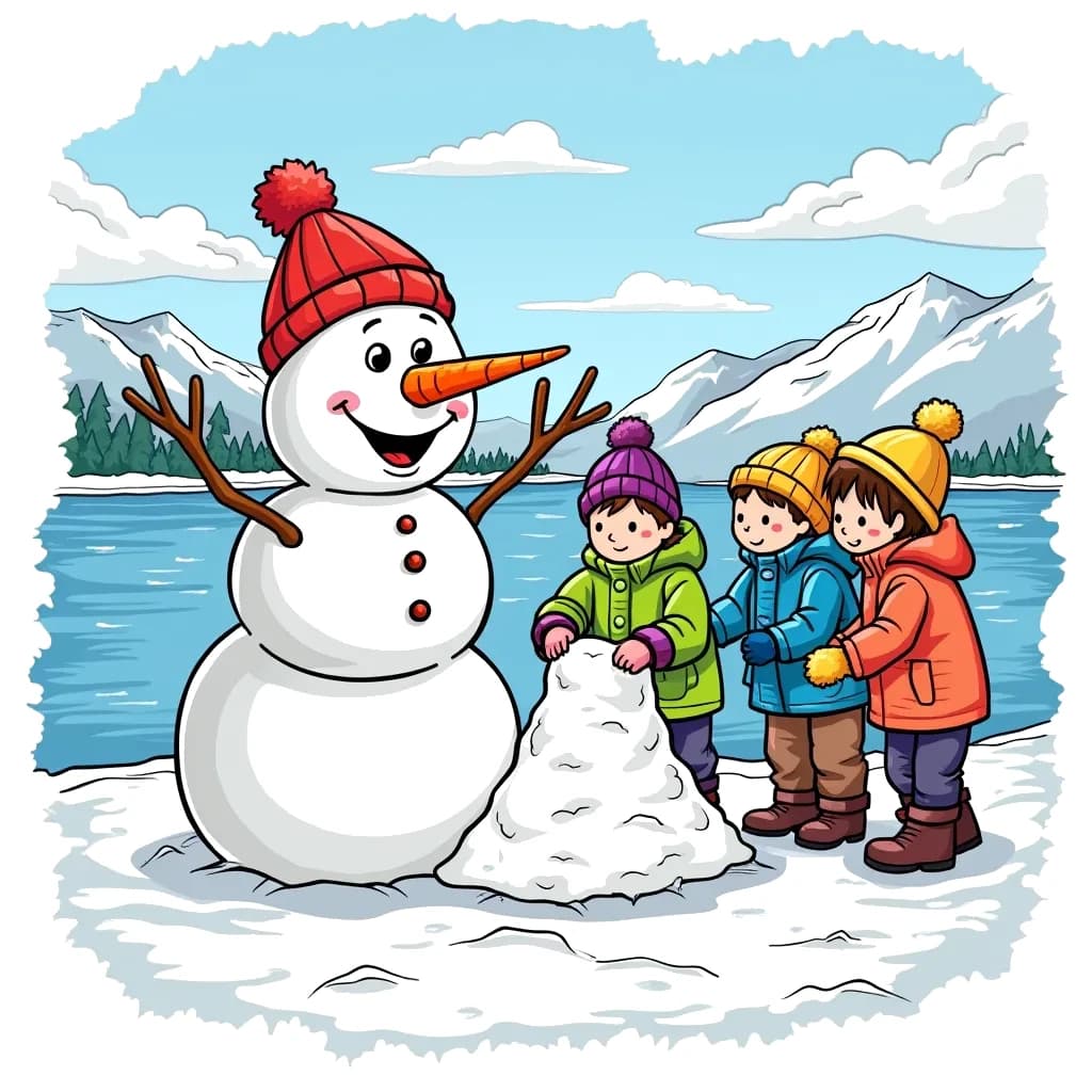 Coloring Page (colored): Snowman with Friends - A snowman with a carrot nose and a big smile is surrounded by playful children building a snow fort nearby. The children are bundled in colorful winter jackets—one in bright green, another in blue, and the third in yellow. The frozen lake in the background glistens under the bright sun, with patches of white snow along its edges. Fluffy clouds float in a clear blue sky, adding to the cheerful atmosphere of the winter scene.