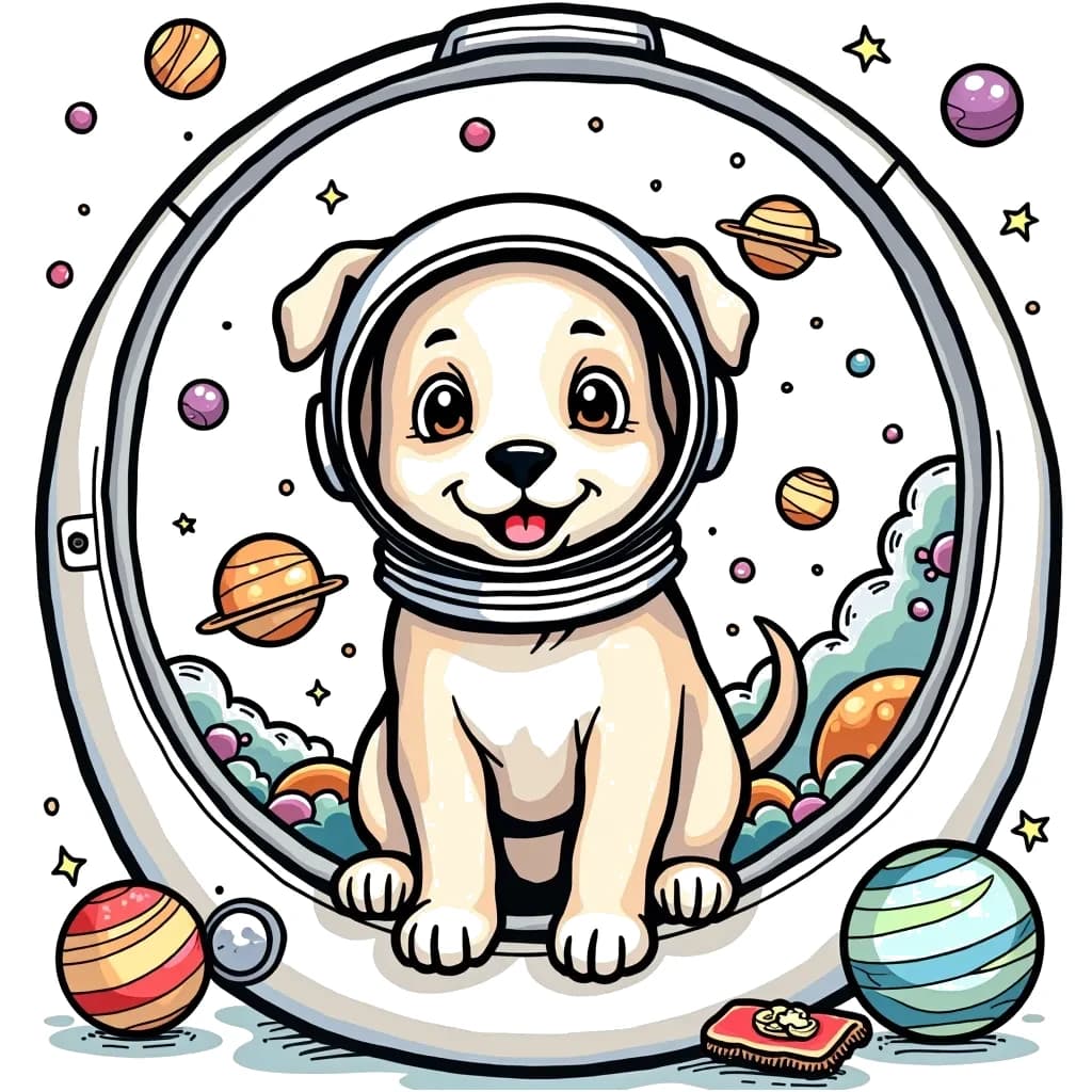 Coloring Page (colored): The Friendly Space Dog - A cute dog wearing a space helmet, sitting inside a spaceship with window views of colorful planets. The dog looks excited to explore the galaxy, surrounded by floating toys and snacks.