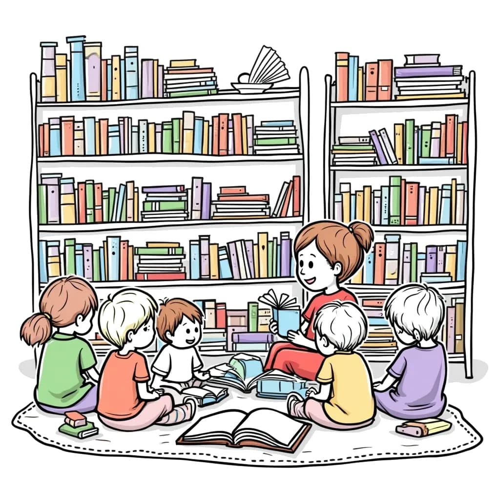 Coloring Page (colored): Librarian and Books - A librarian organizes books on a shelf while a group of children sits on the floor, reading and enjoying storytime.