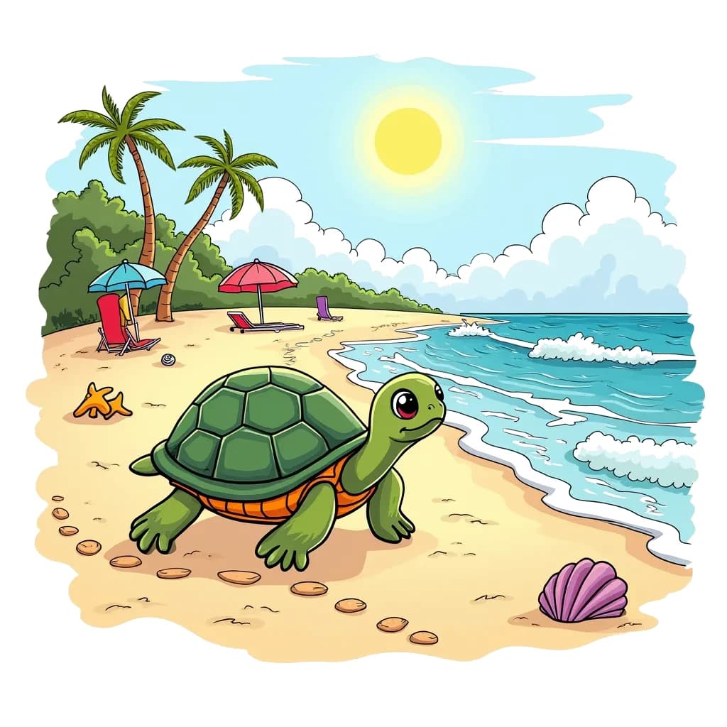 Coloring Page (colored): Turtle on a Sandy Beach - A cute turtle makes its way across a sunny sandy beach, leaving little footprints behind. The beach is dotted with seashells and beachgoers in the background, and gentle waves are rolling onto shore.