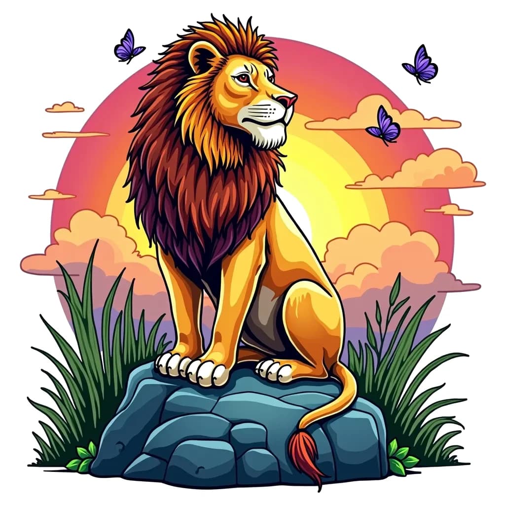 Coloring Page (colored): Lion's Royal Roar - A majestic lion sitting on a large rock, with a vibrant sunset in the background. The lion's mane is flowing in the wind, and a few butterflies are fluttering around it.