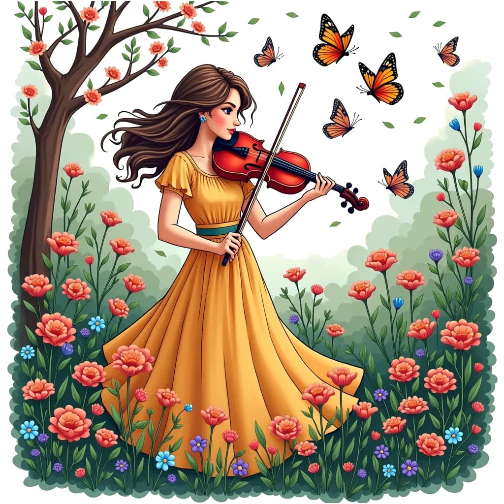 Coloring Page (colored): Violin in the Garden - A violinist gracefully playing a violin in a blooming garden filled with butterflies. The air is filled with music and the peaceful vibe of nature surrounds her.