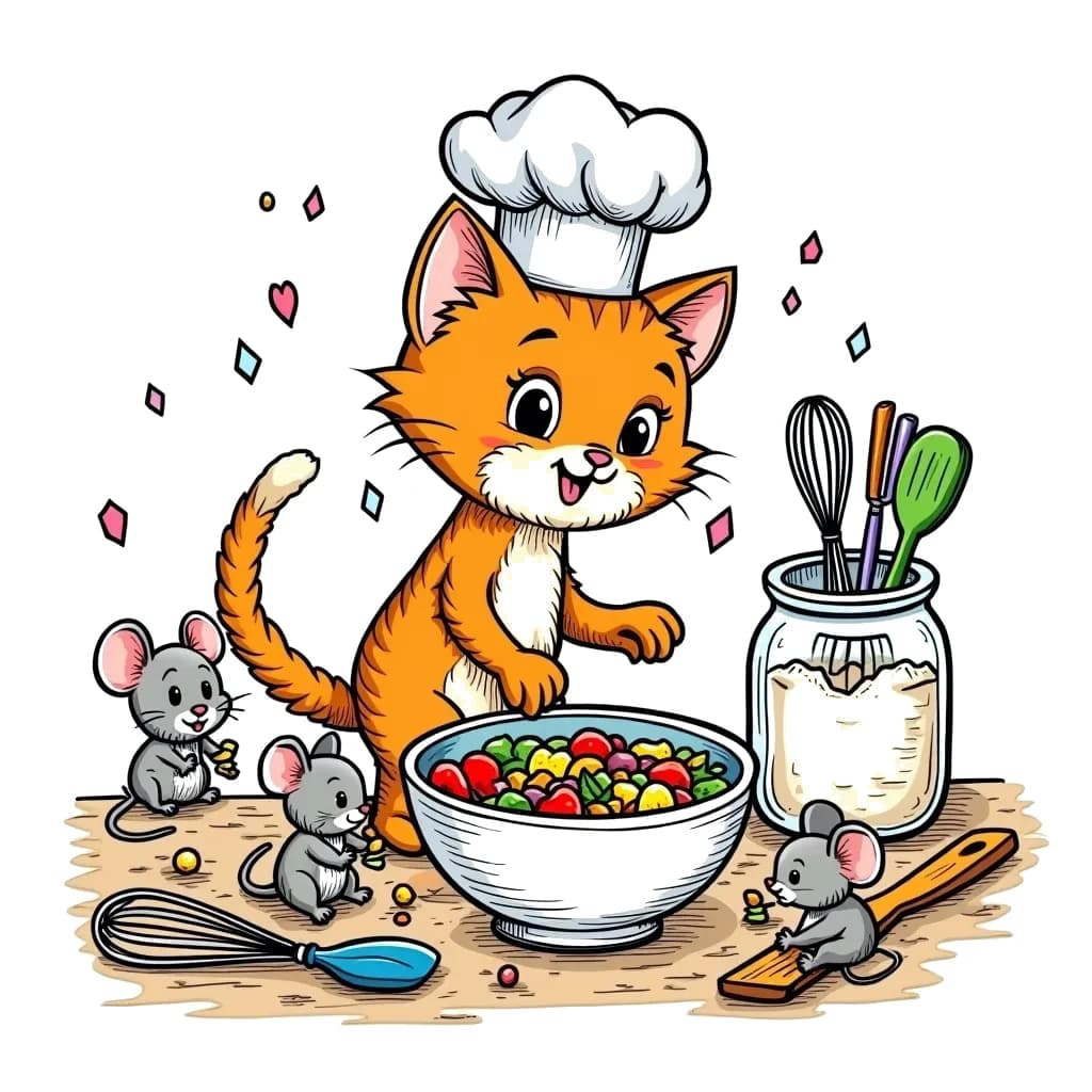 Coloring Page (colored): Curious Cat Chef - A ginger cat wearing a chef's hat stands on a kitchen counter, peering into a mixing bowl filled with colorful ingredients. Around the cat are various kitchen utensils like whisks and spatulas, and a few playful mice are peeking out from behind the flour jar, watching the cat's antics.