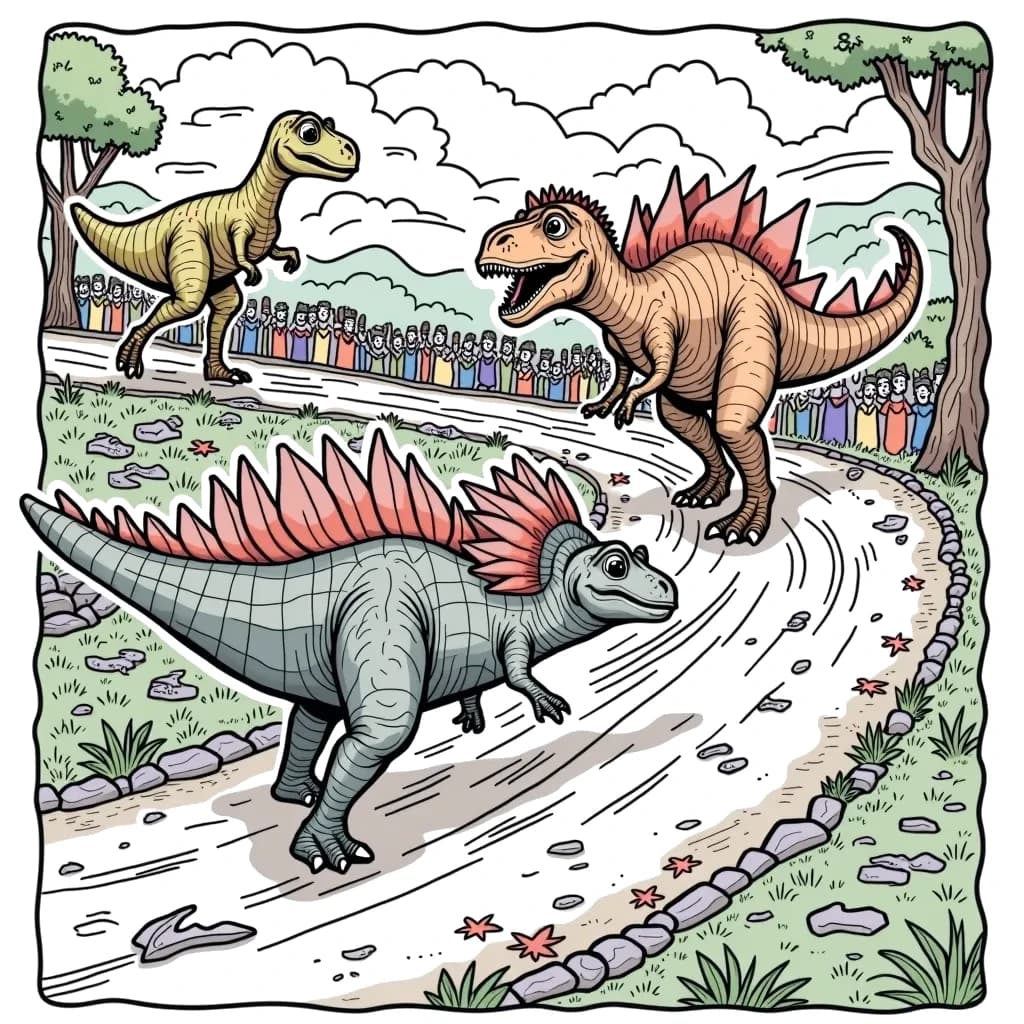 Coloring Page (colored): Dino Race Day - A thrilling race between a speedy Velociraptor and a slow-moving Stegosaurus on a winding track made of fallen leaves and rocks, with a cheering crowd of smaller dinosaurs in the background.