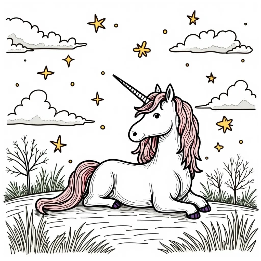 Coloring Page (colored): Unicorn and the Shooting Stars - A unicorn lying on a hill, gazing at shooting stars streaking across the night sky.