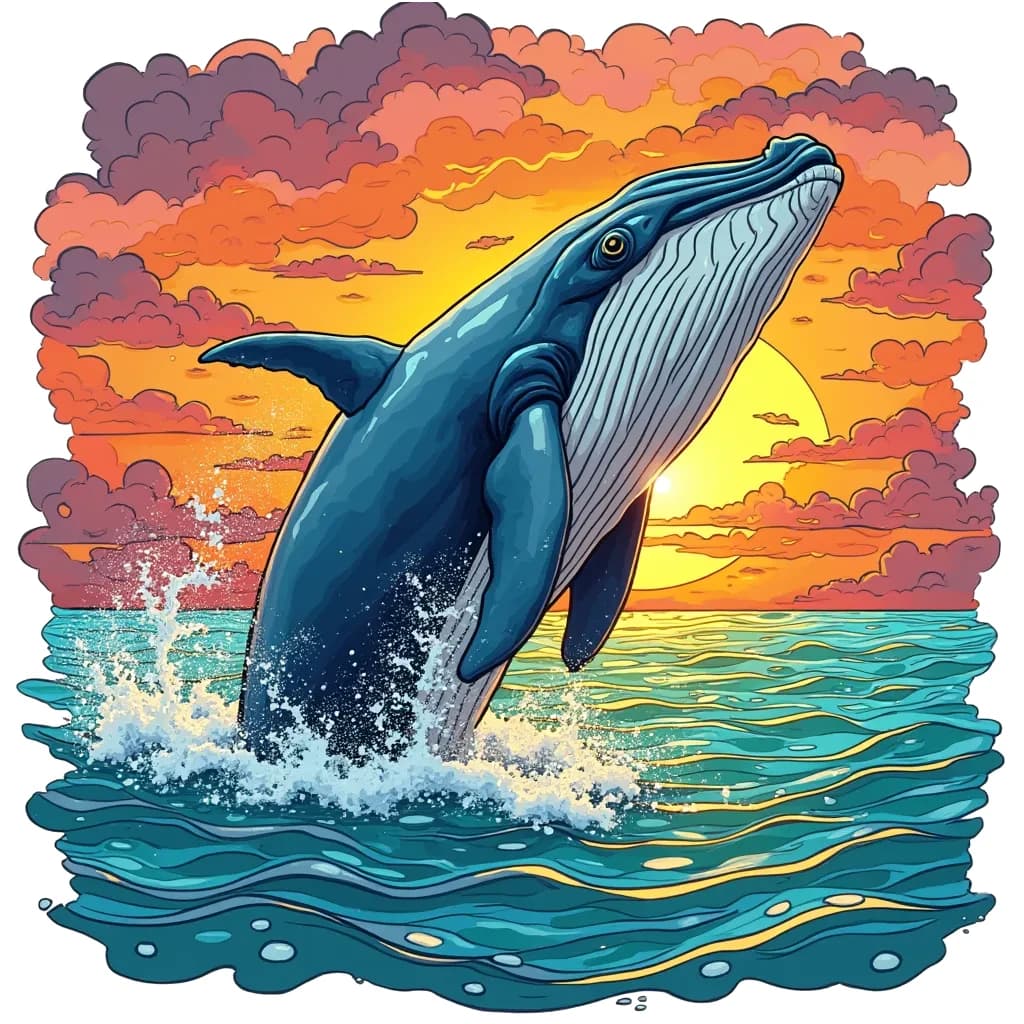 Coloring Page (colored): Whale in the Ocean - A majestic whale breaches the surface of the ocean, sending a spray of water into the air. The background features a beautiful sunset with vibrant colors reflecting on the water, making for a serene and awe-inspiring scene.