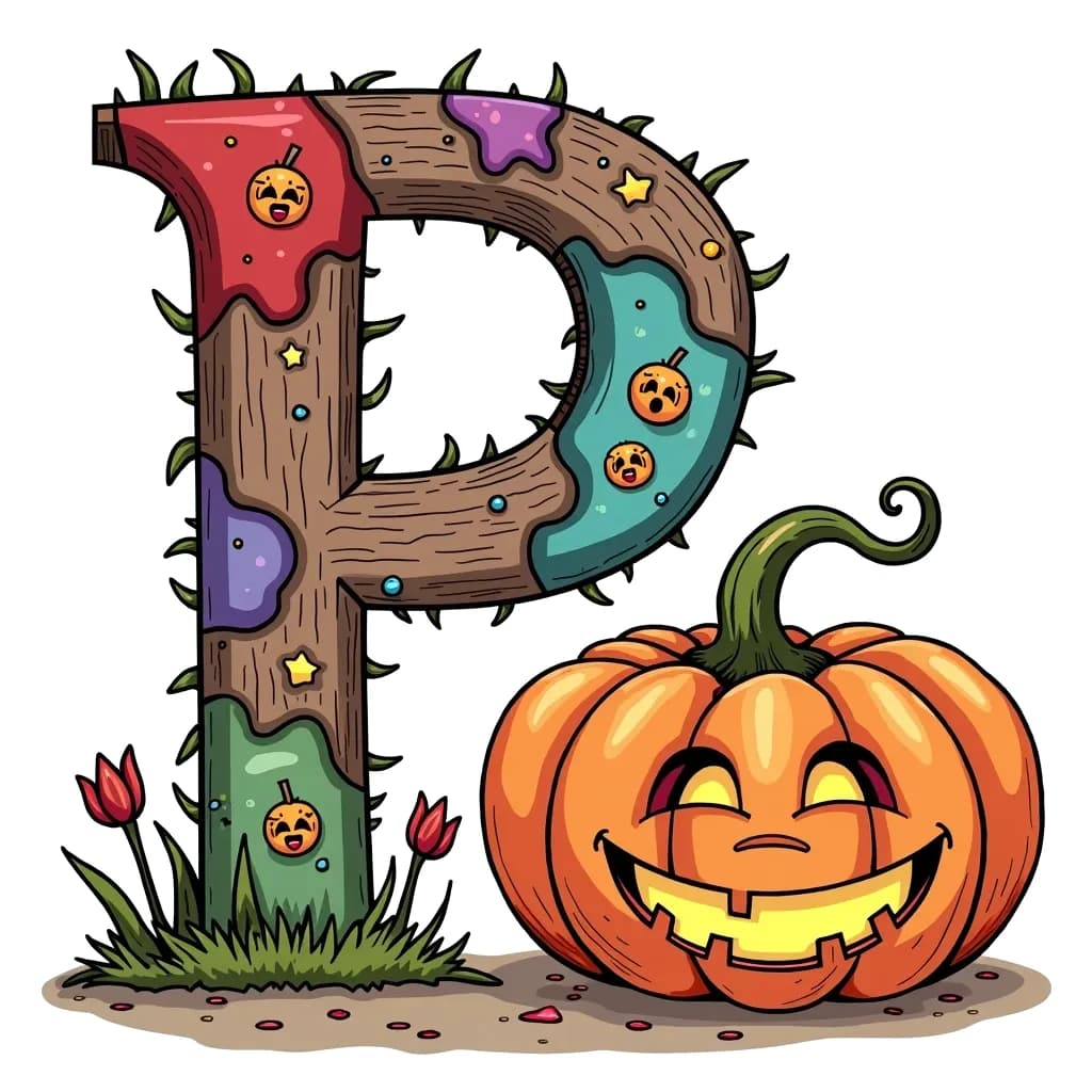 Coloring Page (colored): P and Pumpkin - A playful letter P with a friendly, grinning pumpkin next to it, ready for Halloween fun.