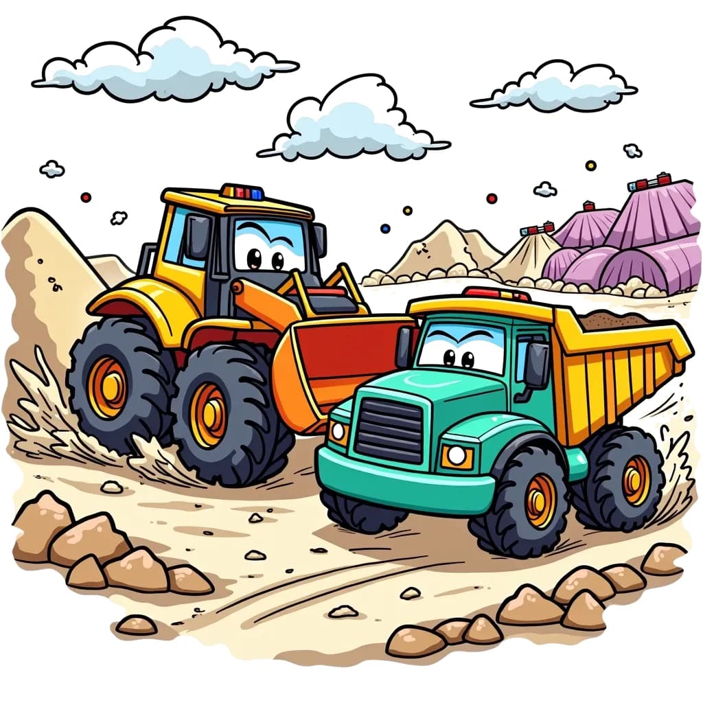 Coloring Page (colored): Bulldozer Race - A bulldozer is racing against a small dump truck on a construction site. Both vehicles have determined expressions, and the background shows piles of dirt and construction supplies.