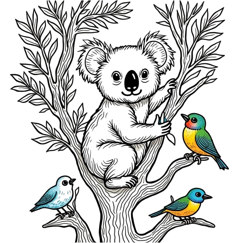 Coloring Page (colored): Koala in the Forest - A koala is sitting in a eucalyptus tree, munching on leaves while a few birds are perched on nearby branches, watching curiously.