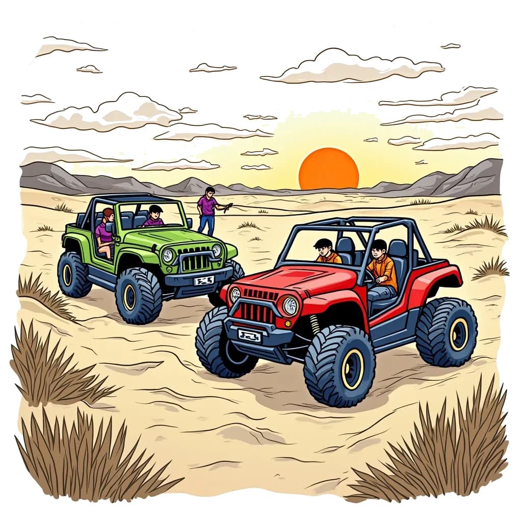 Coloring Page (colored): Desert Buggy Rescue - A scene depicting a desert buggy helping a stranded vehicle in the sandy terrain. A couple of characters are seen working together, with the buggy ready to tow another vehicle. The sun sets on the horizon, casting an orange glow over the vast desert.