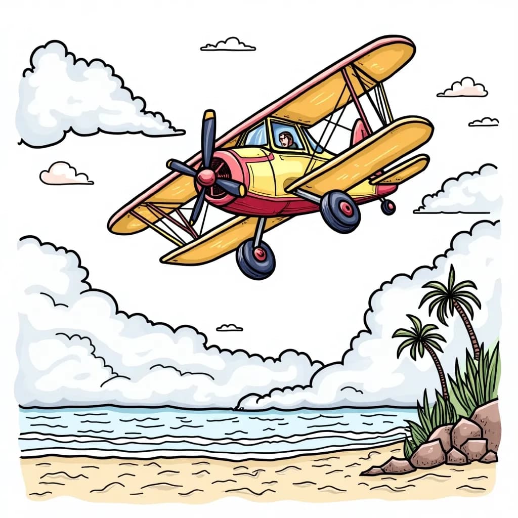 Coloring Page (colored): Beach Bliss - A colorful biplane performing tricks over a sunny beach, with children playing in the sand and colorful beach towels scattered around.