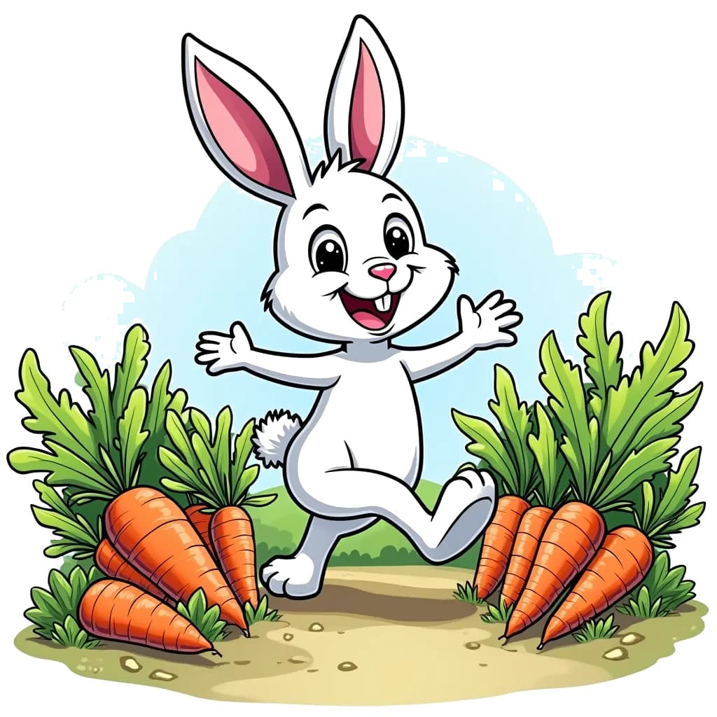 Coloring Page (colored): Rabbit and the Carrot Patch - A rabbit hops joyfully through a carrot patch, surrounded by tall green leaves and an assortment of carrots waiting to be picked.