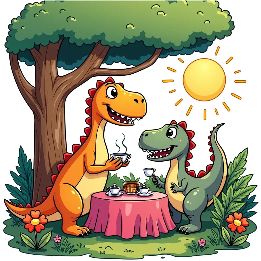 Coloring Page (colored): Dinosaur Tea Party - A playful scene where a cheerful T-Rex and a gentle Brachiosaurus are having a tea party under a giant prehistoric tree, surrounded by colorful flowers and ferns.