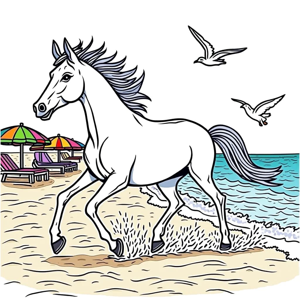 Coloring Page (colored): The Horse on the Beach - A beautiful horse galloping along a sandy beach with the ocean waves crashing in the background. Seagulls soar overhead and colorful beach umbrellas dot the shore.