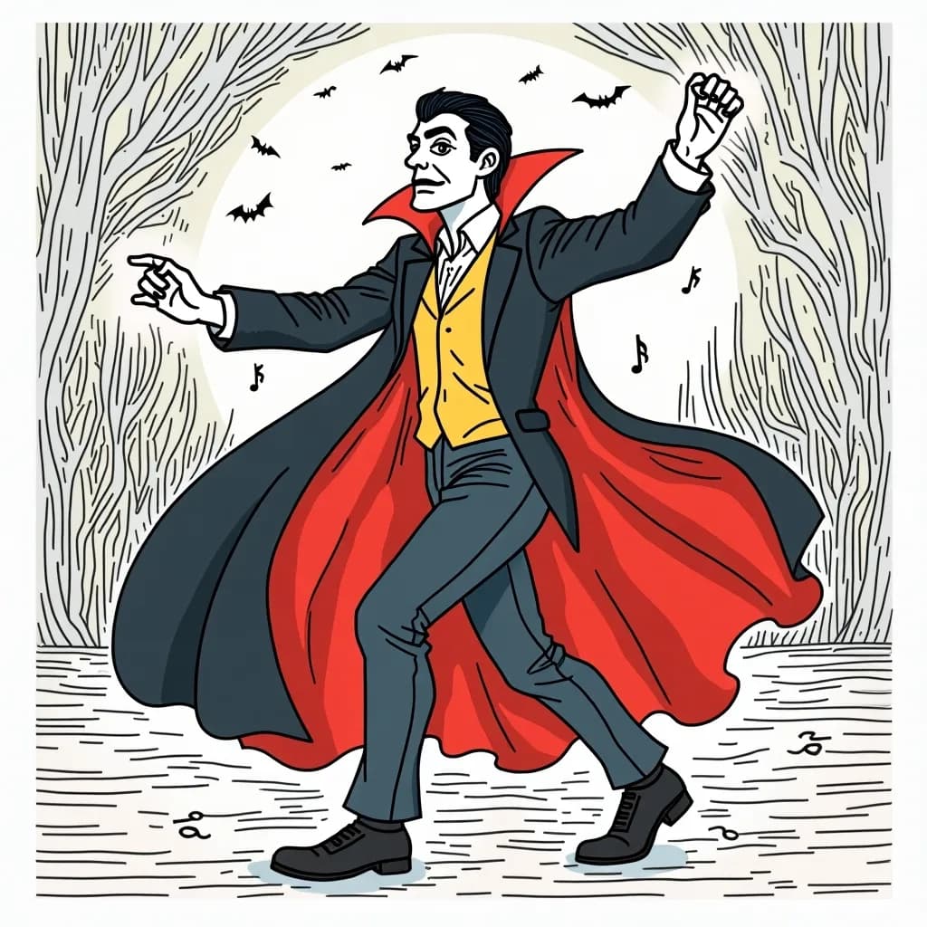 Coloring Page (colored): Dracula’s Dance - A charming vampire in a classic cape, dancing under a disco ball in a secret underground lair. The scene is vibrant with flashes of red, black, and purple, and rocky walls adorned with carved bats and skulls.