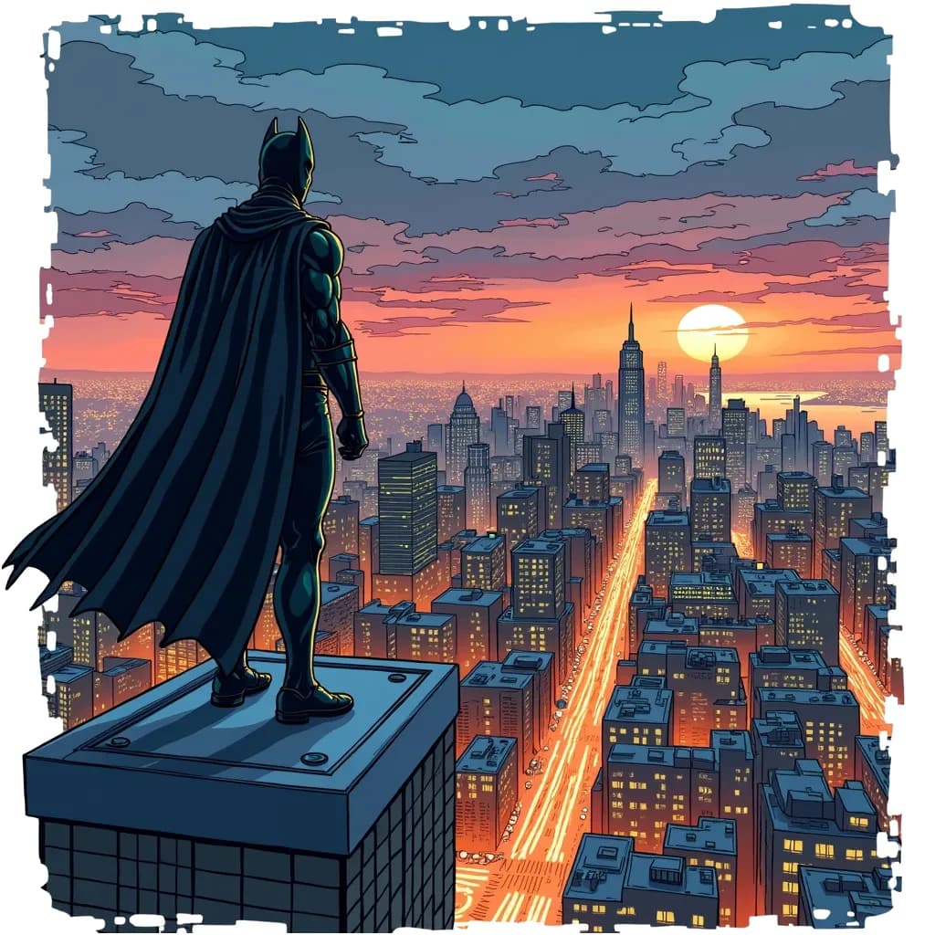 Coloring Page (colored): City Guardian at Dusk - A heroic figure dressed in a dark costume stands on the edge of a skyscraper, overlooking the shimmering city lights at dusk, ready to protect the innocent below.