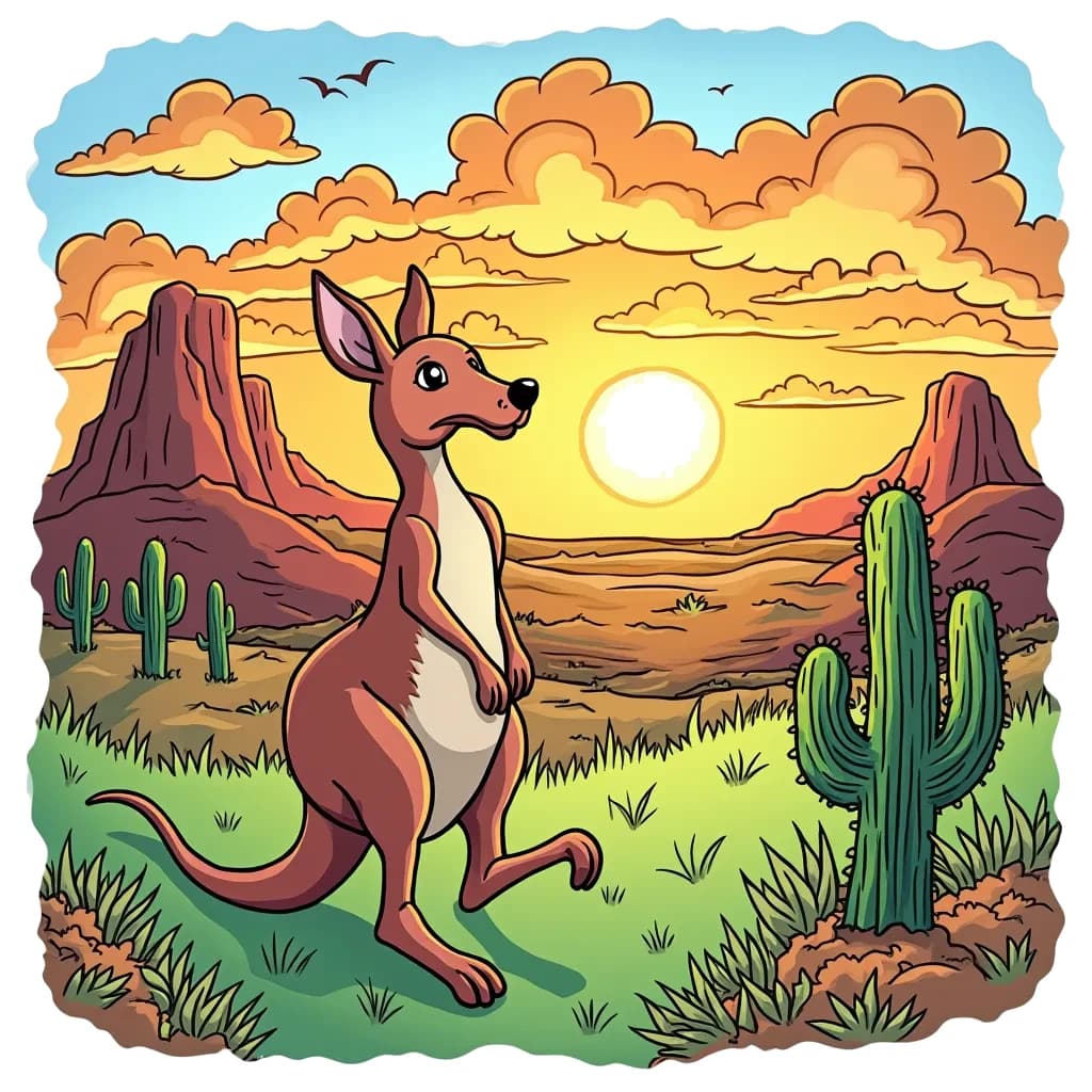 Coloring Page (colored): Kangaroo Hop through the Outback - A kangaroo hops across the grassy outback, with a stunning sunset in the background and a few cacti dotting the landscape.