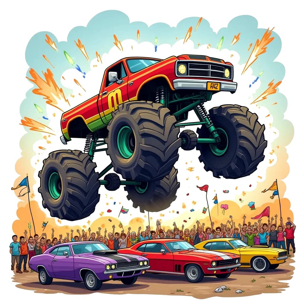 Coloring Page (colored): Monster Truck Rally - A giant monster truck doing a dramatic jump over a row of cars at a lively monster truck rally. The crowd is cheering, and colorful lights are flashing. The excitement in the air is palpable with flags waving and sparks flying.