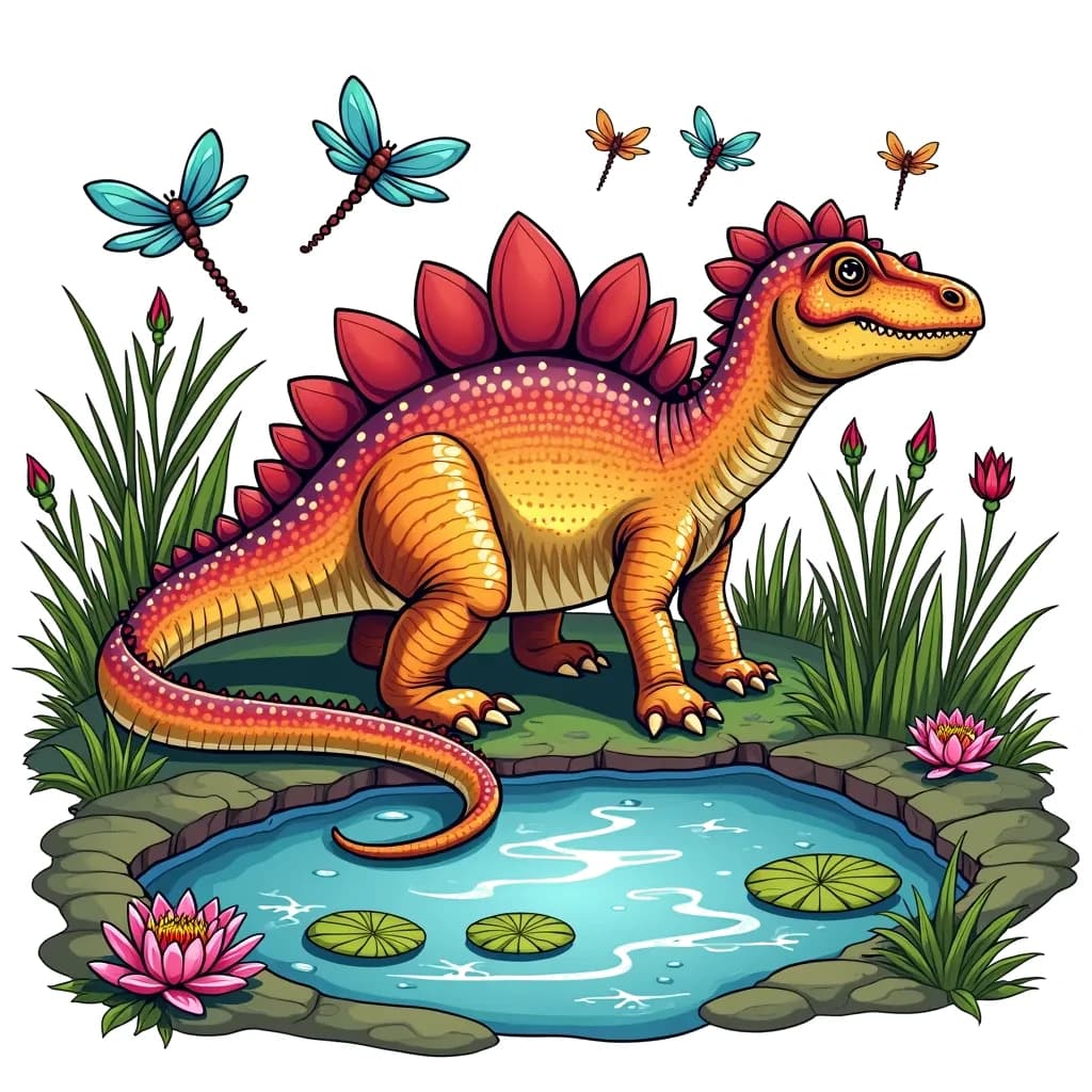 Coloring Page (colored): Ankylosaurus Armor - An Ankylosaurus showcasing its impressive armor while resting beside a sparkling pond, with dragonflies buzzing around and lily pads floating on the water.