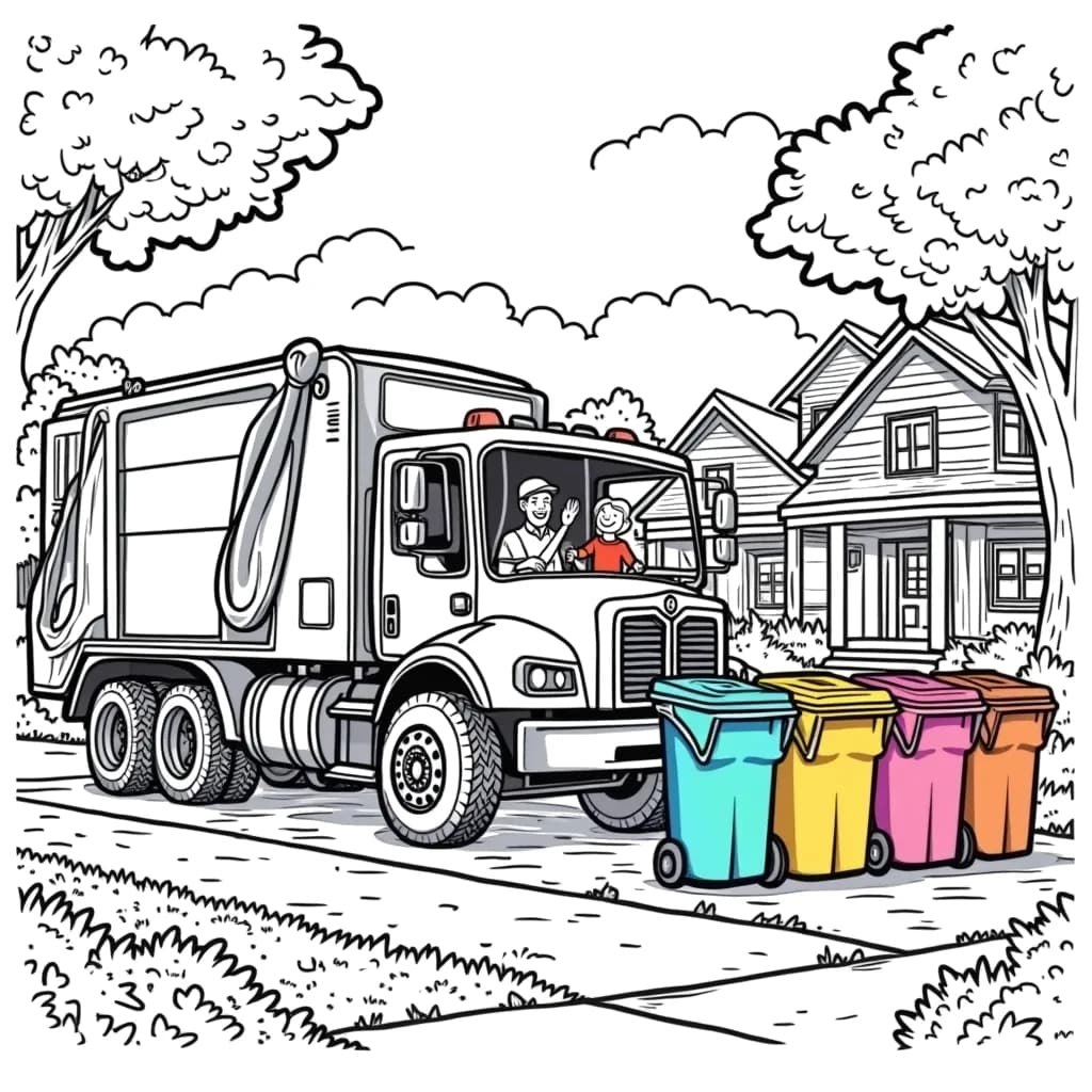 Coloring Page (colored): Garbage Truck Day - A garbage truck is making its rounds on a suburban street, while children wave from their front yards, examining the colorful recycling bins.