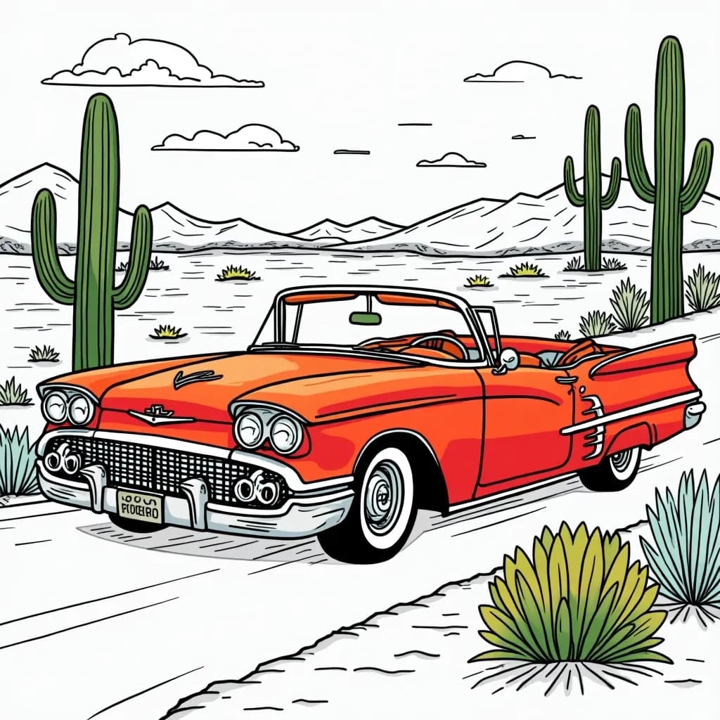 Coloring Page (colored): Desert Journey - A classic convertible cruising through a colorful desert landscape with cactus plants and a sunset dripping with reds and oranges.