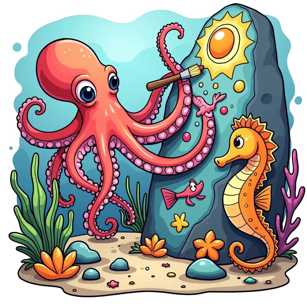 Coloring Page (colored): Octopus Artistry - An octopus uses its tentacles to paint a vibrant ocean mural on a large sea rock, while a surprised seahorse watches nearby, admiring the artwork.