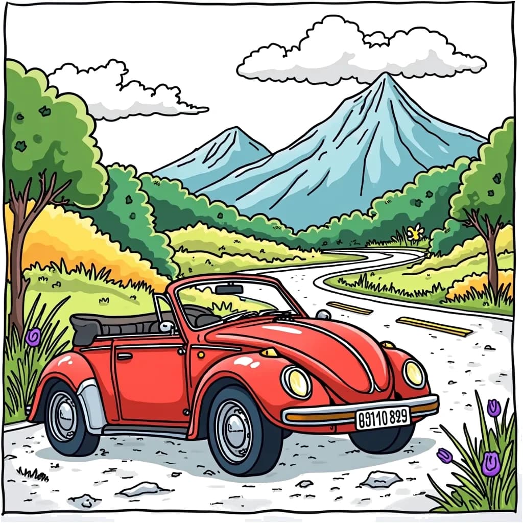 Coloring Page (colored): Convertible by the Roadside - A bright convertible is parked by the roadside, with a scenic view of a mountain range in the background and flowers blooming along the road.