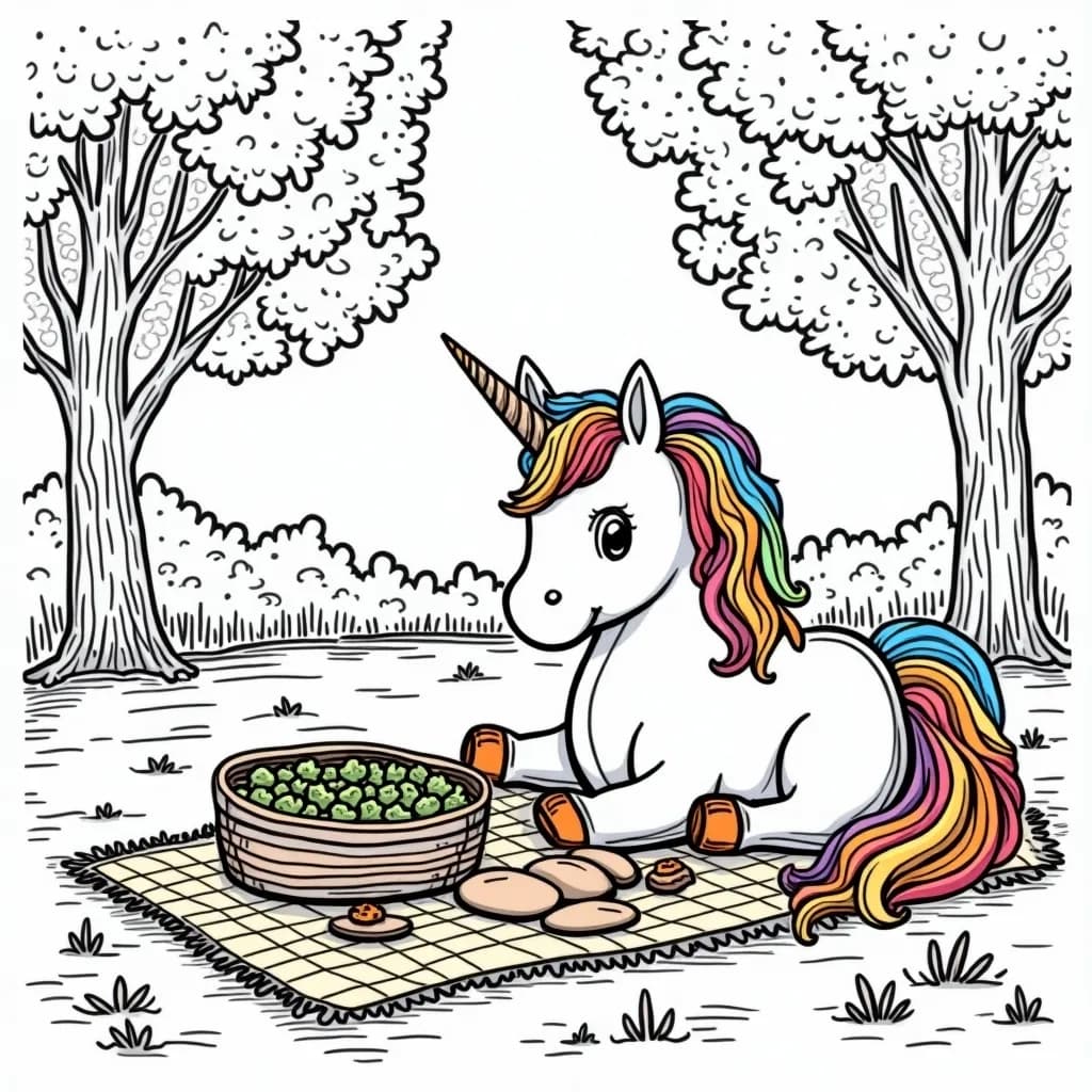 Coloring Page (colored): Unicorn Picnic in the Park - A cheerful unicorn having a picnic with woodland creatures, with a colorful blanket and an array of fruits and flowers laid out.