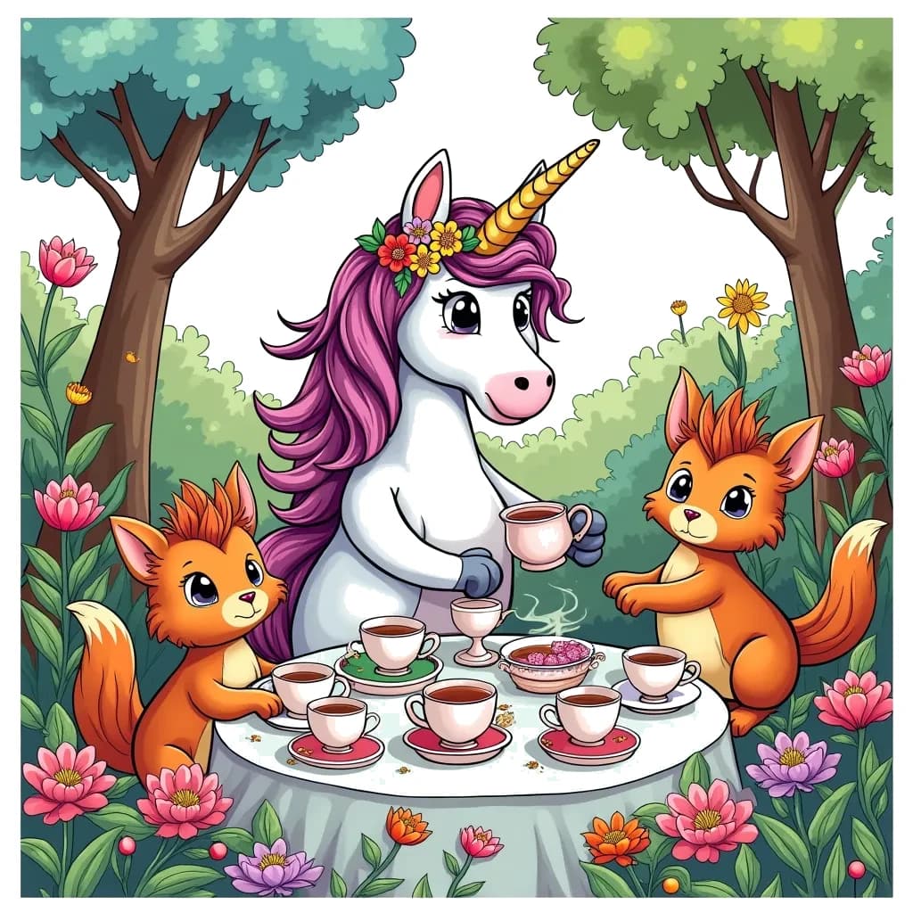 Coloring Page (colored): Unicorn Tea Party - A whimsical scene depicting a unicorn hosting a tea party in a magical garden. The unicorn, adorned with a flower crown, is pouring tea into delicate cups surrounded by friendly woodland creatures. Lush flowers and trees provide a colorful backdrop.