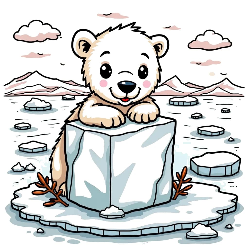 Coloring Page (colored): Polar Bear Playtime - A curious polar bear cub peeking out from behind a large ice cube, with a playful expression. The vast icy tundra stretches in the background, showcasing the beauty of the Arctic.