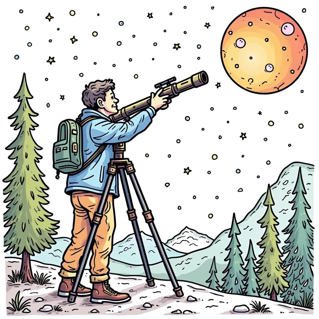 Coloring Page (colored): Astronomer Stargazing - An astronomer is looking through a telescope at the stars on a clear night, with constellations sparkling in the sky.