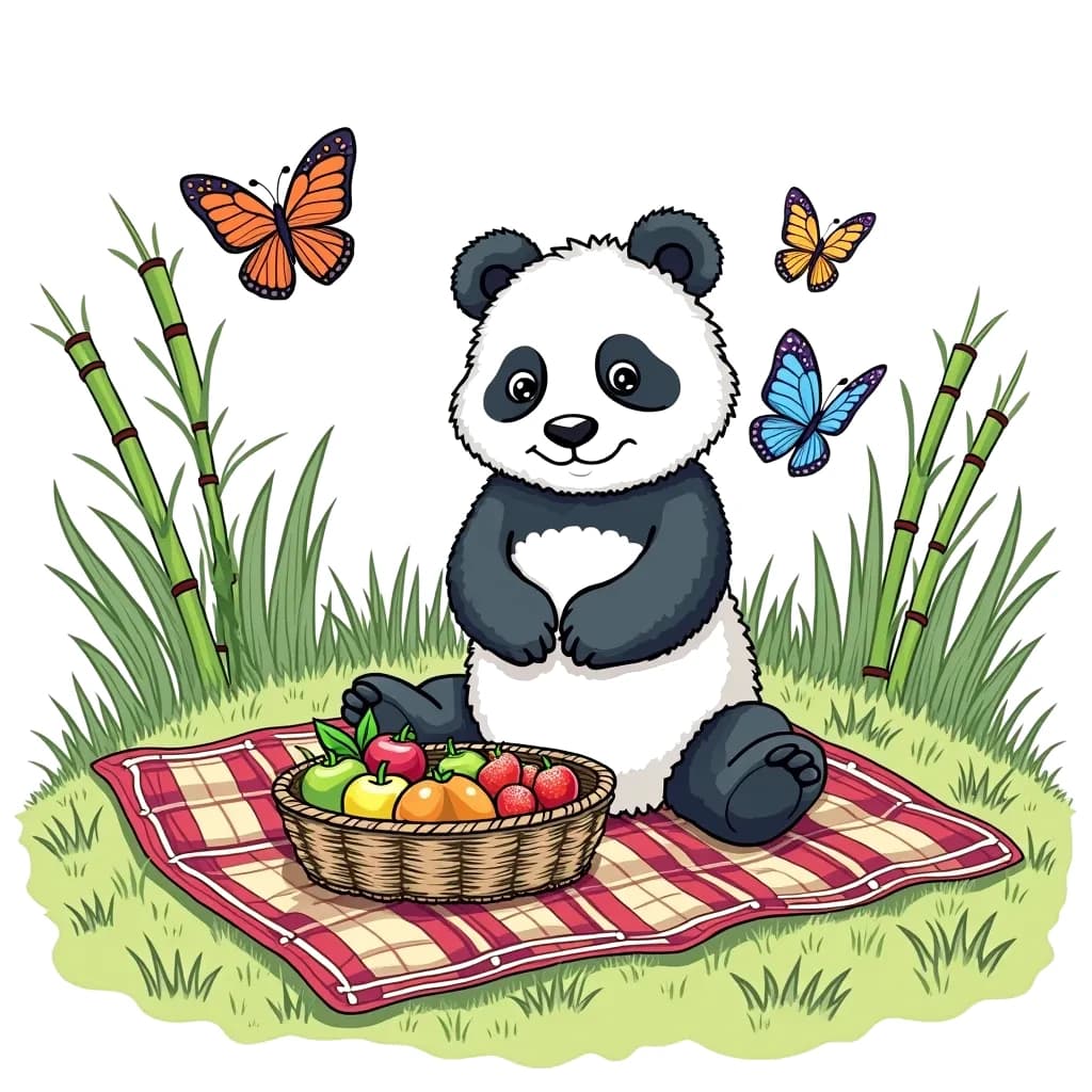 Coloring Page (colored): Panda Picnic - A panda is sitting on a grassy hill, surrounded by a picnic blanket filled with bamboo snacks and fruits. A couple of butterflies flutter around as the panda happily enjoys the sunny day.