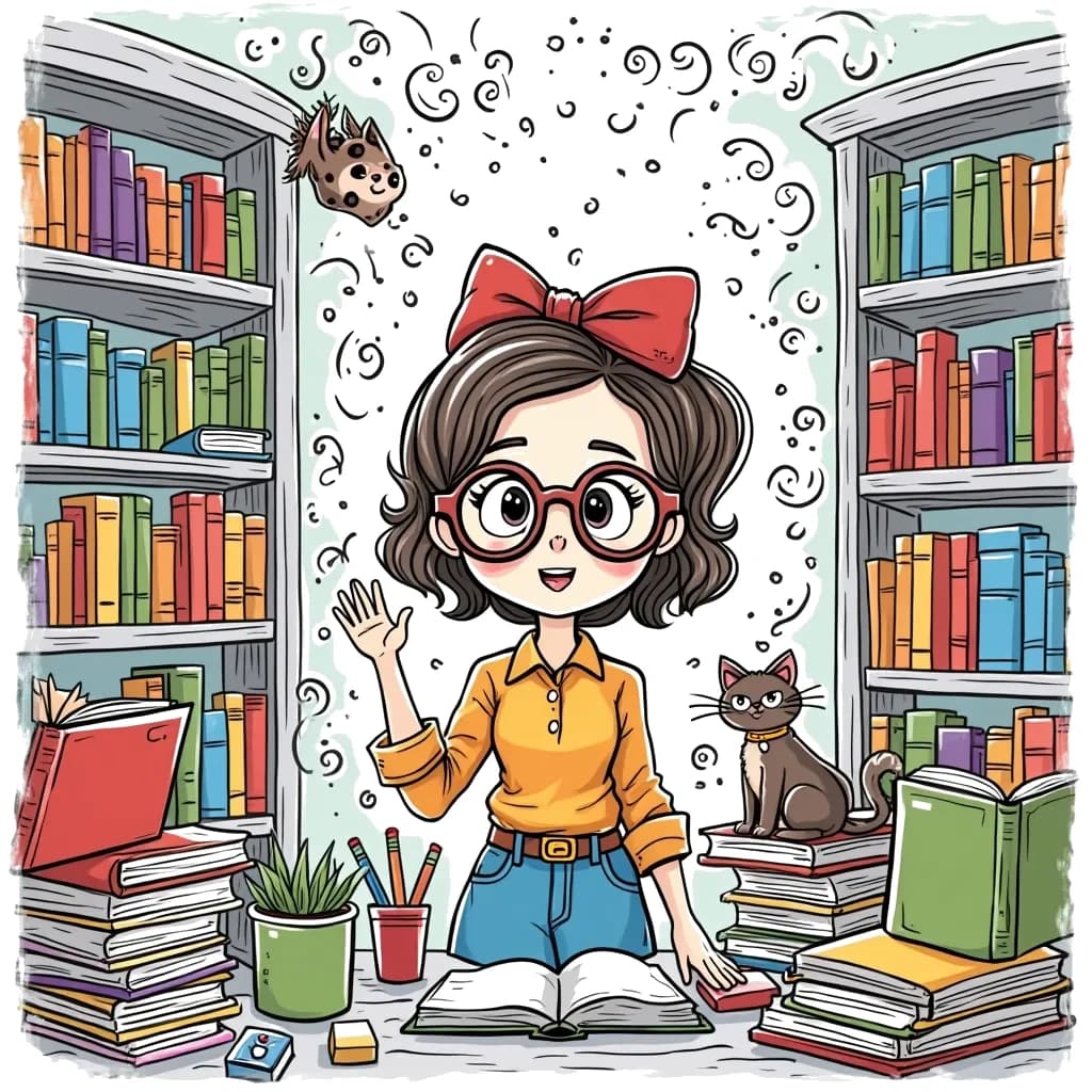 Coloring Page (colored): The Librarian's Enchanted Library - A whimsical scene inside a library where a librarian, wearing oversized glasses, is organizing floating books that seem to have minds of their own. She is surrounded by magical swirling dust and a talking cat peeking from behind a shelf.