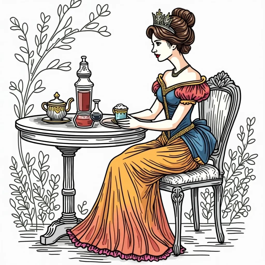 Coloring Page (colored): Victorian Princess - An elegant Victorian princess sitting at a beautiful garden tea party with heart-shaped decor and pastel colors.