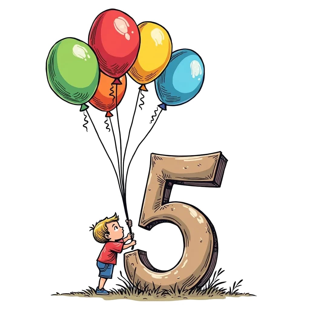 Coloring Page (colored): Number 5 with five balloons - Draw the number 5 buoyed by five colorful balloons floating above it. Incorporate a happy child holding onto the balloons, looking up in amazement.