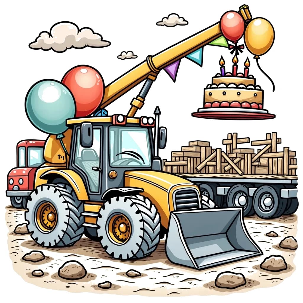 Coloring Page (colored): Bulldozer's Birthday Bash - A bulldozer decorated with balloons and streamers is parked in a construction site, while a small crane brings in a large birthday cake on a flatbed truck.