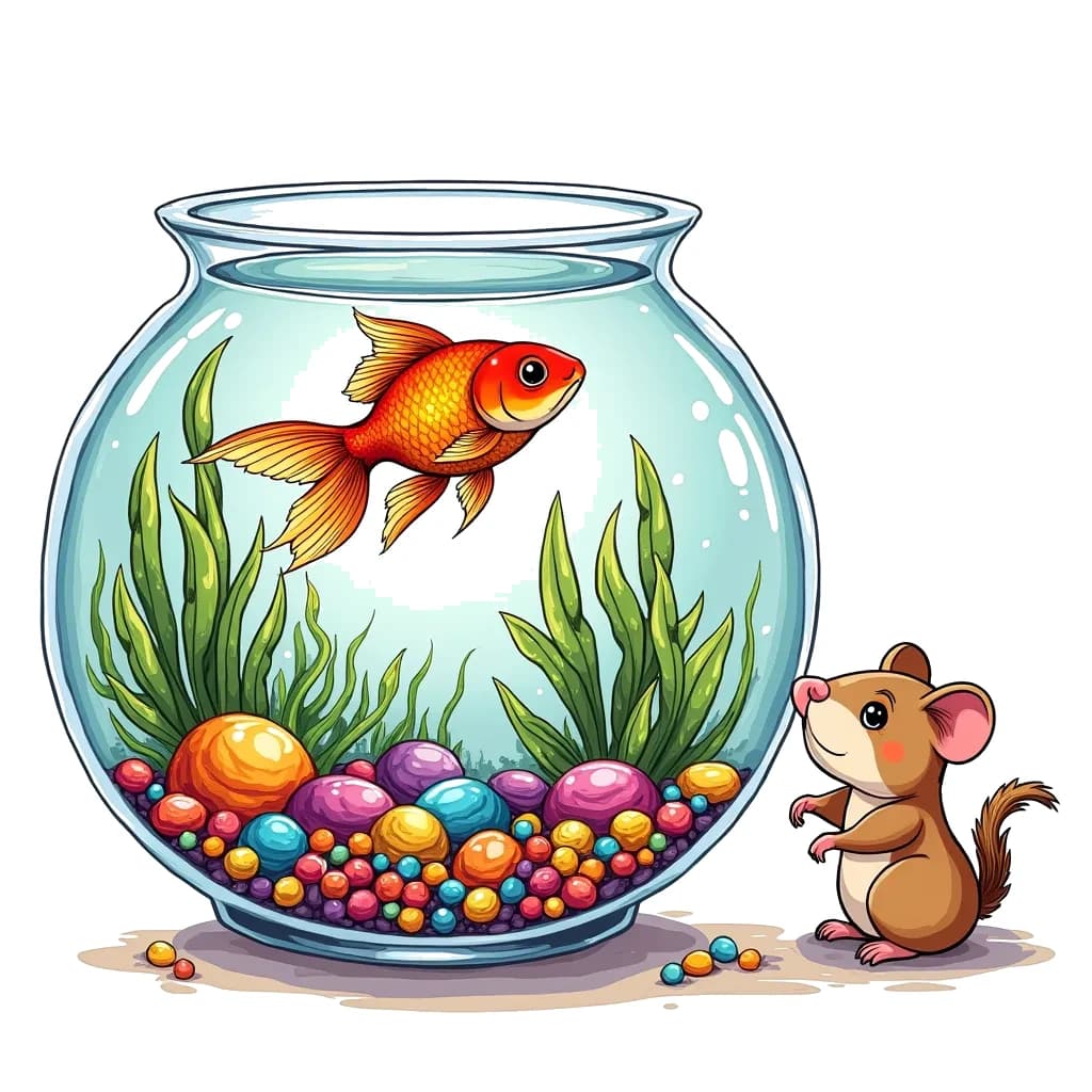 Coloring Page (colored): Goldfish in a Bowl - A goldfish swimming in a decorated fishbowl with colorful pebbles and plants, while a curious hamster watches from the side.