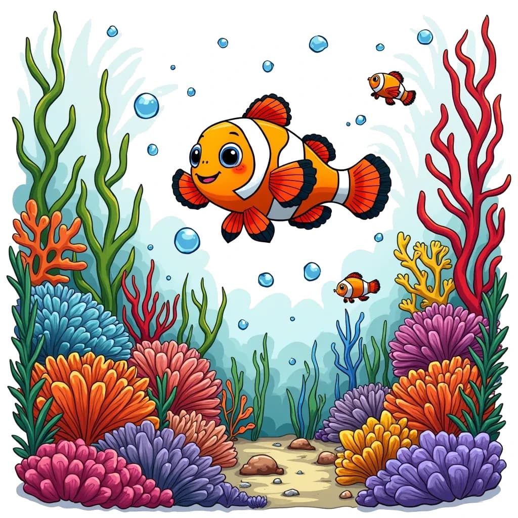 Coloring Page (colored): Clownfish Coral Reef - A lively clownfish swims playfully through a vibrant coral reef, surrounded by colorful fish, anemones, and bubbles. The scene captures the beauty and excitement of underwater life.