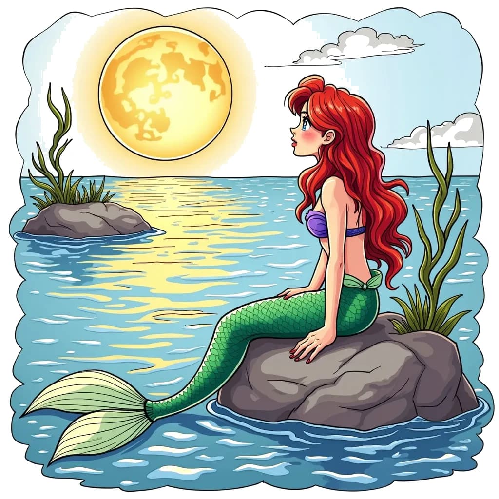 Coloring Page (colored): Mermaid and the Moonlight - A curious mermaid is sitting on a rock, gazing up at a glowing full moon reflected on the surface of the water, with gentle waves around her.