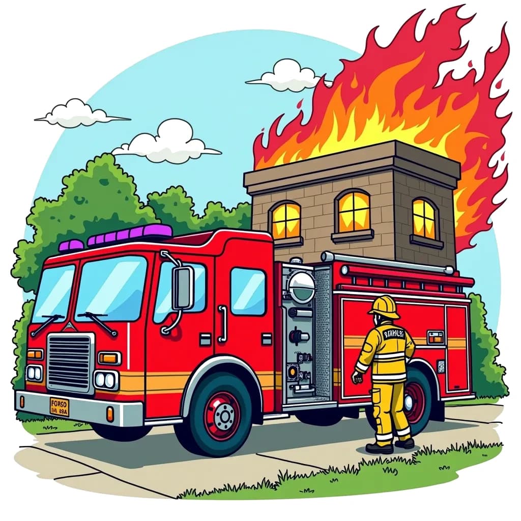 Coloring Page (colored): Fire Engine Rescue - A bright red fire engine parked in front of a burning building, with a firefighter getting ready to spray water.