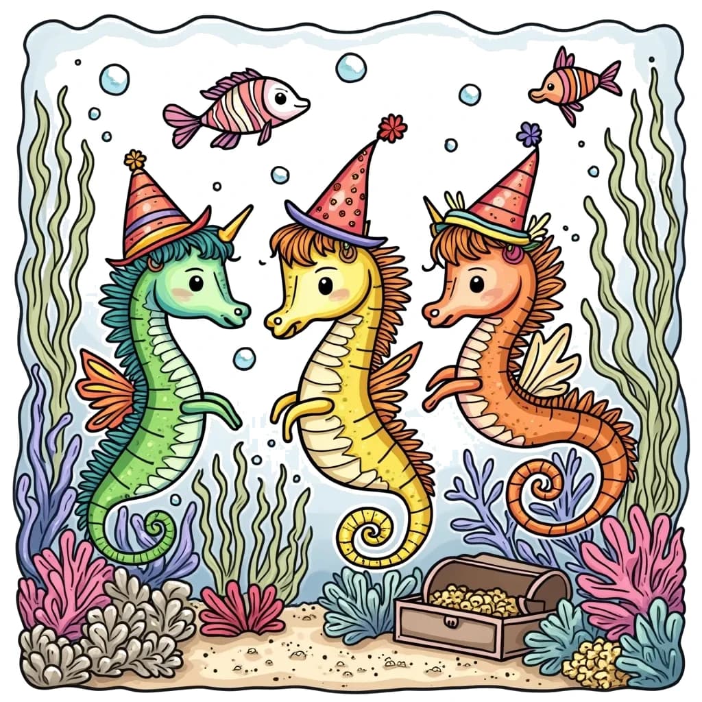 Coloring Page (colored): Seahorse Parade - A whimsical underwater scene where a group of seahorses dressed in tiny costumes celebrate a parade. Colorful coral, fish friends, and a treasure chest add to the festive atmosphere.