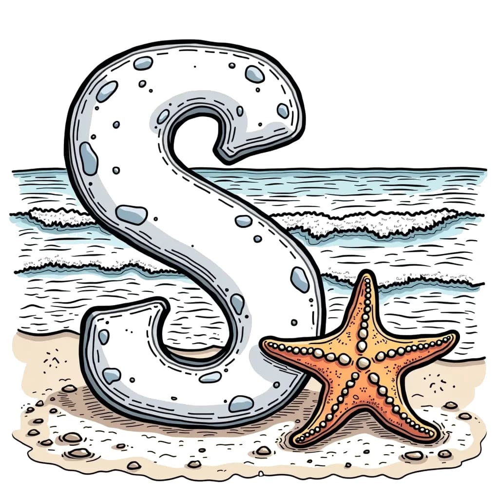 Coloring Page (colored): Letter S with a Starfish - The letter S is drawn on a sandy beach next to a cute starfish, with gentle waves rolling in the background.