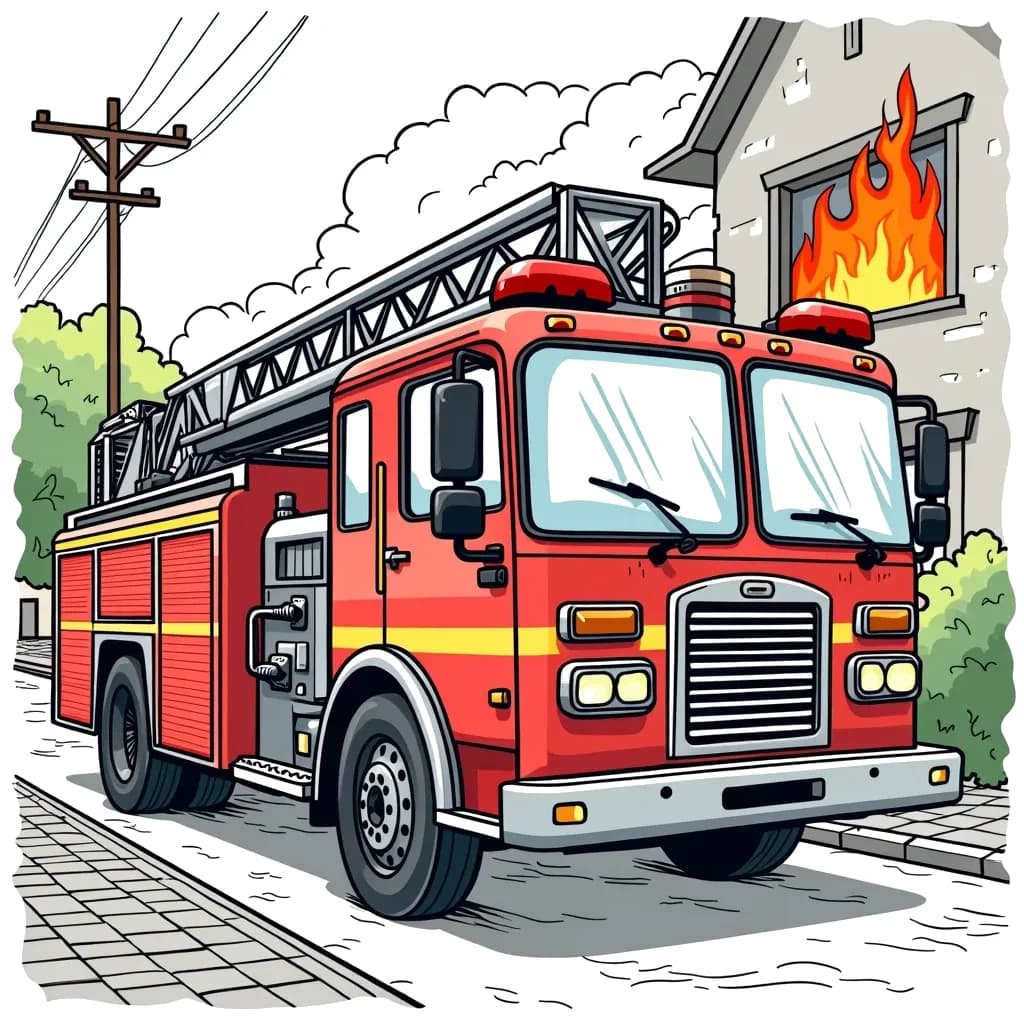 Coloring Page (colored): Firefighter's Duty - A bold fire engine parked in front of a burning building, with a firefighter getting ready to respond.